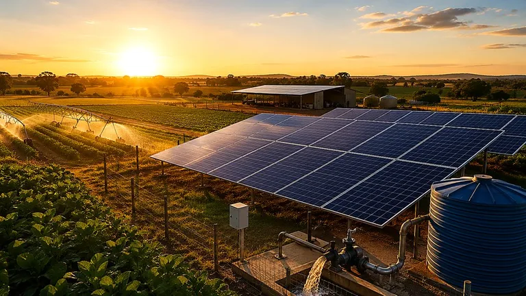 Usina solar em propriedade rural ao pôr do sol