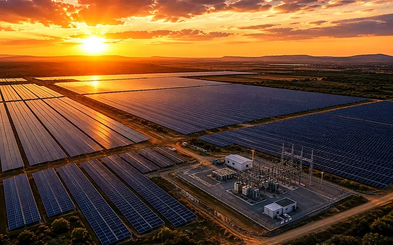 Usina solar com fileiras de painéis fotovoltaicos